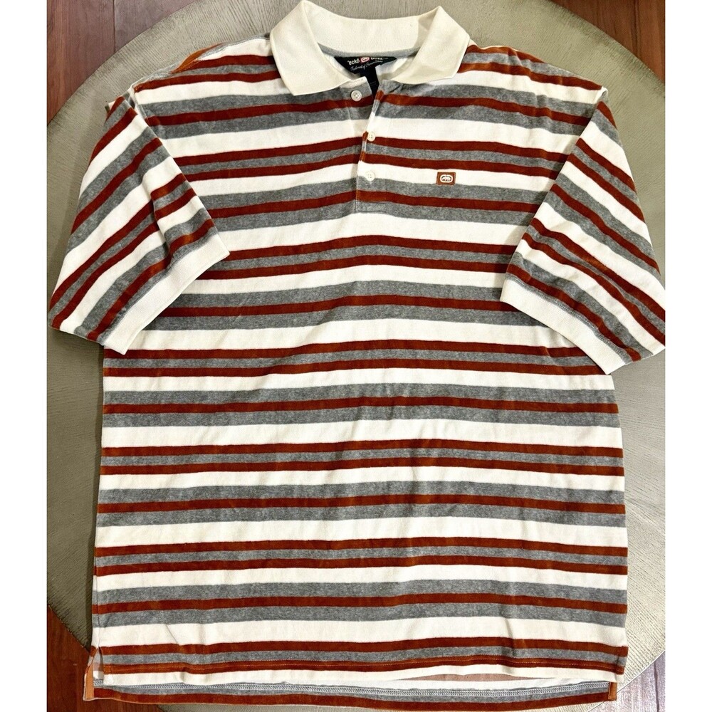 Vintage Ecko Unltd Velour Polo Shirt 2XL Striped Rhino Y2K Hip Hop Baggy